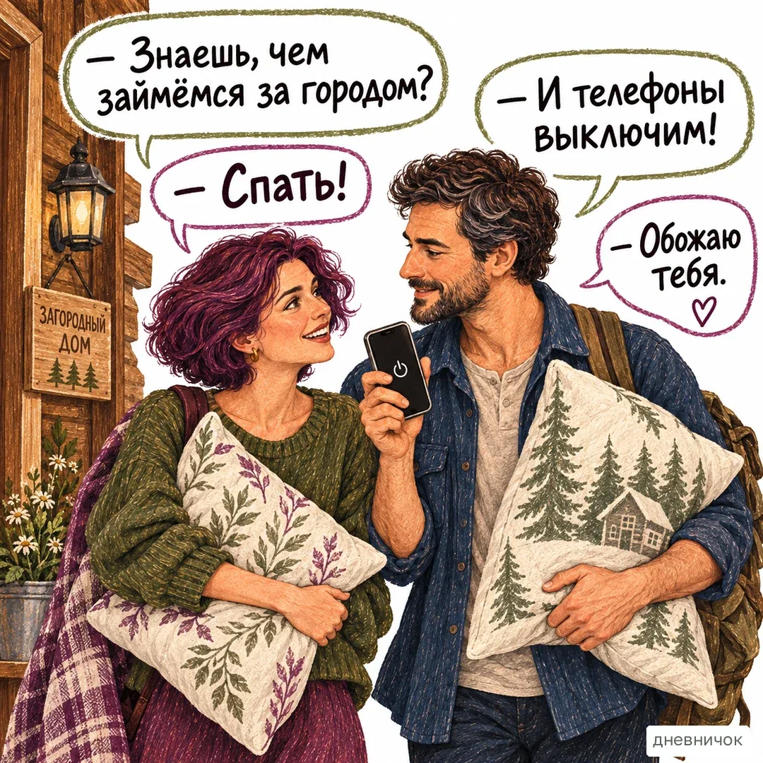 Совпадение ожиданий бывает важнее эффектного плана на выходные. На картинке: — Знаешь, чем займёмся за городом? — Спать! — И телефоны выключим! — Обожаю тебя.