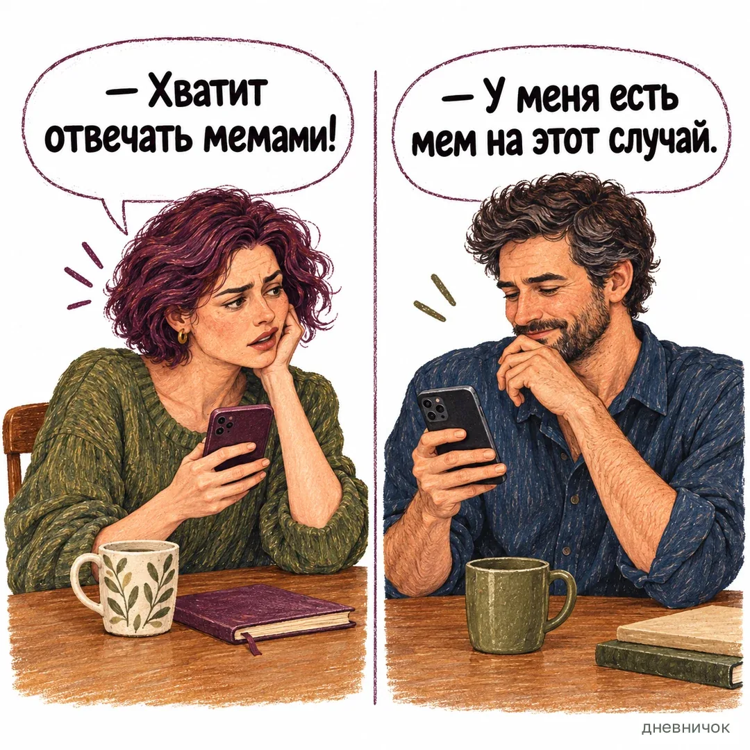 Иногда за мемом прячется сообщение, которое хочется сказать прямо. На картинке: — Хватит отвечать мемами! — У меня есть мем на этот случай.