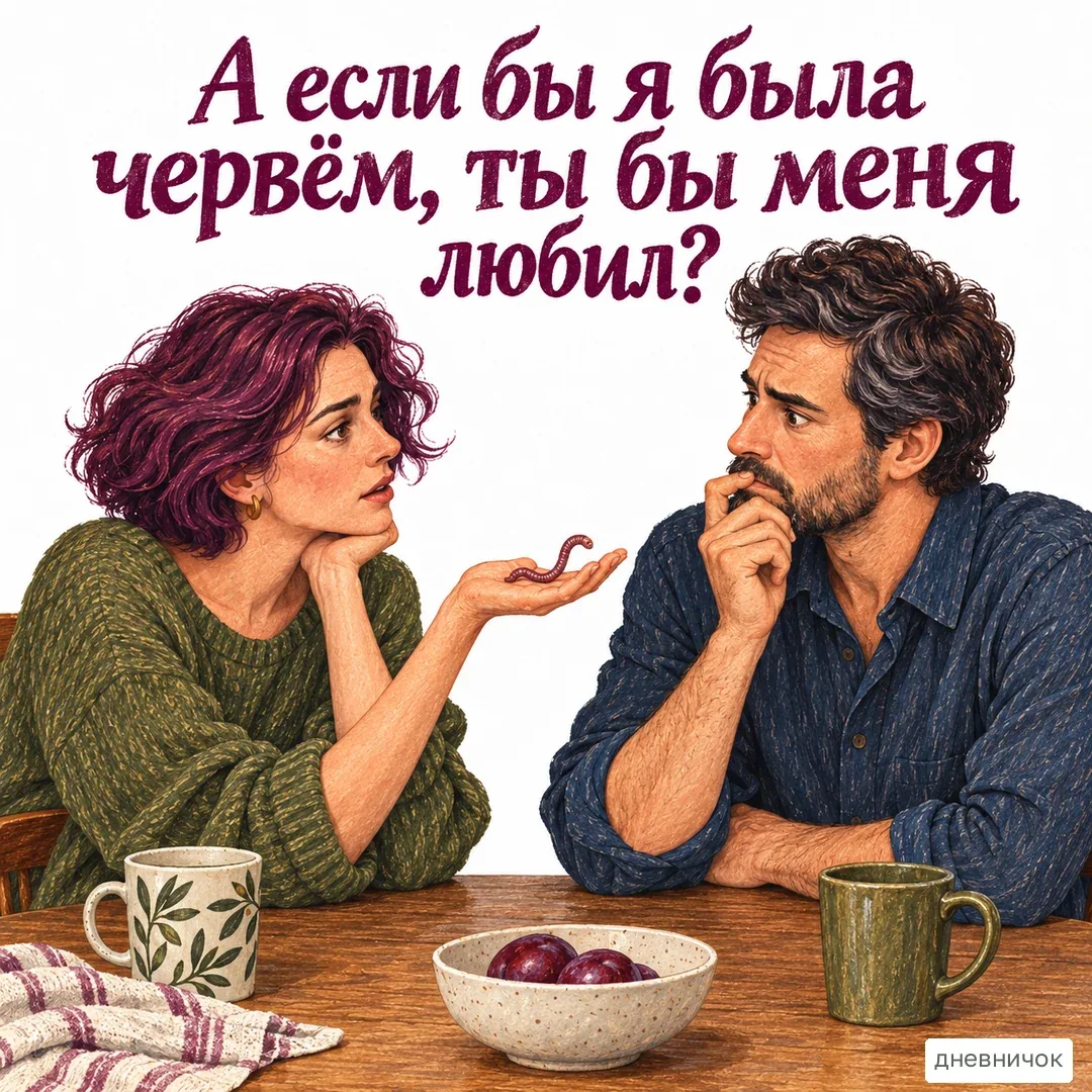Вопрос о любви иногда превращается в проверку, на которую невозможно ответить окончательно. На картинке: А если бы я была червём, ты бы меня любил?